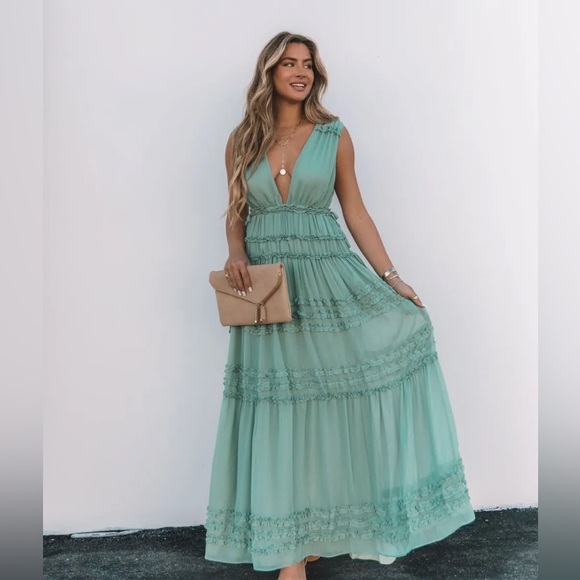 VICI Dance On Air Ruffle Tiered Maxi Dress | Sage | Small - Picture 4 of 9